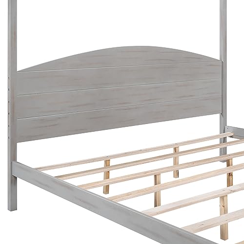 Rhomtree King Size Canopy Bed with Headboard, 4-Post Canopy Platform Bed Frame, Solid Wood King Bed Frame with Headboard and Support Legs for Kids Teens Adults, No Box Spring Needed(Grey Wash, King)