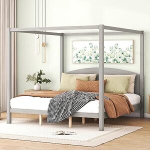 rhomtree king size canopy bed with headboard, 4-post canopy platform bed frame, solid wood king bed frame with headboard and support legs for kids teens adults, no box spring needed(grey wash, king)