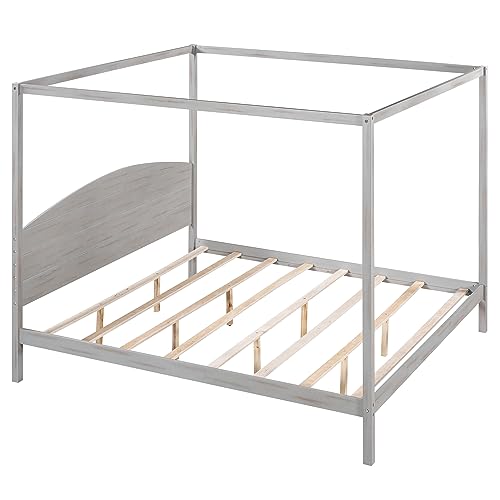 Rhomtree King Size Canopy Bed with Headboard, 4-Post Canopy Platform Bed Frame, Solid Wood King Bed Frame with Headboard and Support Legs for Kids Teens Adults, No Box Spring Needed(Grey Wash, King)