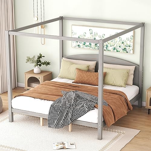 Rhomtree King Size Canopy Bed with Headboard, 4-Post Canopy Platform Bed Frame, Solid Wood King Bed Frame with Headboard and Support Legs for Kids Teens Adults, No Box Spring Needed(Grey Wash, King)