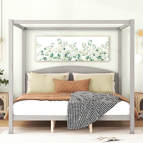 Rhomtree King Size Canopy Bed with Headboard, 4-Post Canopy Platform Bed Frame, Solid Wood King Bed Frame with Headboard and Support Legs for Kids Teens Adults, No Box Spring Needed(Grey Wash, King)