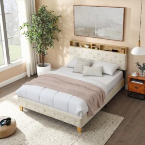 QKFF Queen Size Bed Frame with Upholstered Headboard, Wood Platform Bed Frame with Outlet & USB Ports Headboard, Wood Legs, No Box Spring Needed, Easy Assembly (Beige, Queen)