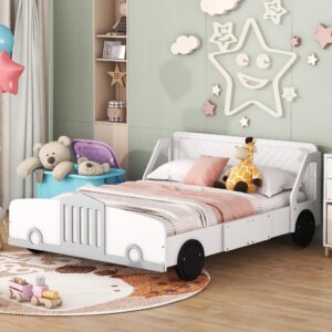 mihunnor kids race car bed, full size car-shaped platform bed with wheels, wooden low platform bed with sturdy slat support for boys girls, no box spring needed (white-002)