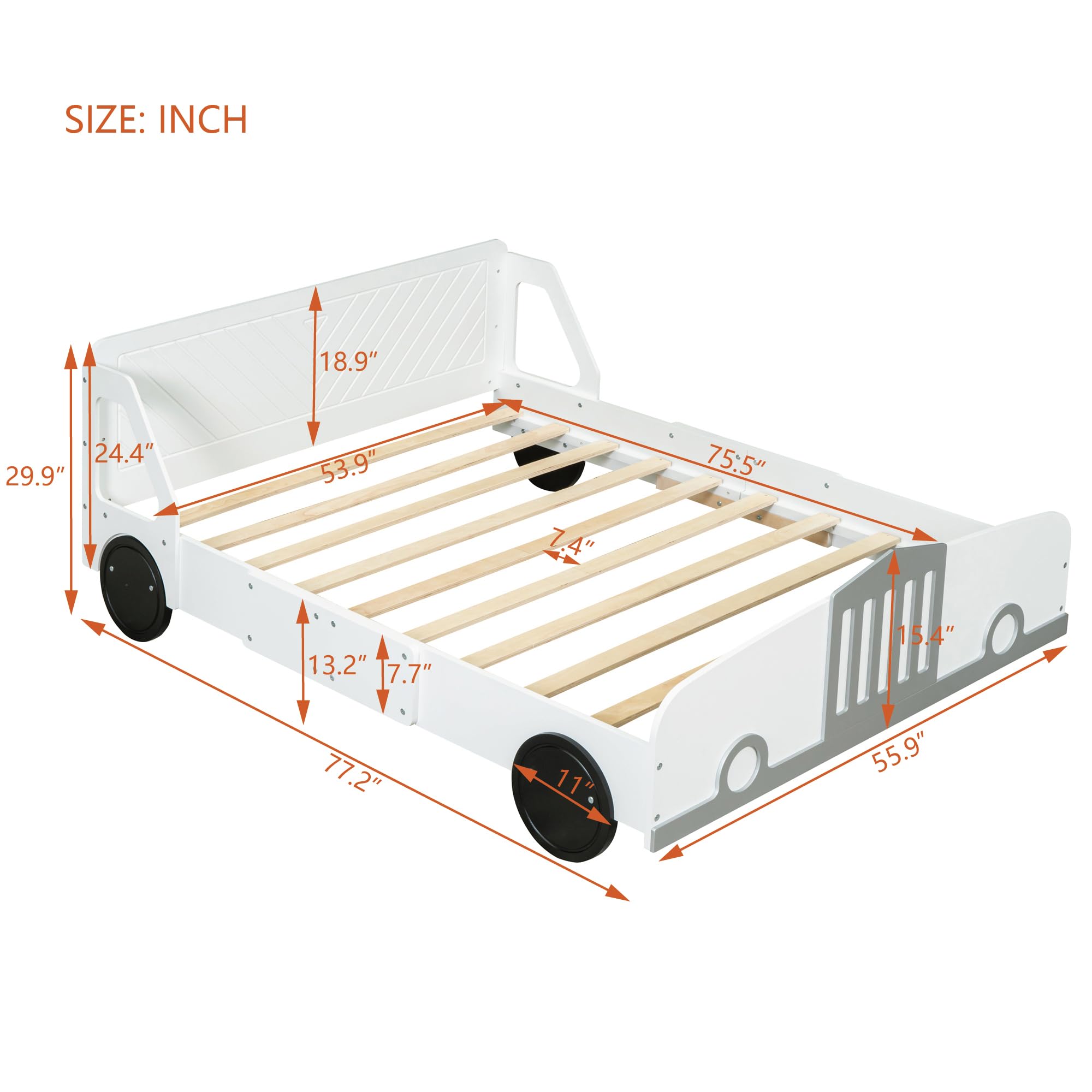 MiHunnor Kids Race Car Bed, Full Size Car-Shaped Platform Bed with Wheels, Wooden Low Platform Bed with Sturdy Slat Support for Boys Girls, No Box Spring Needed (White-002)