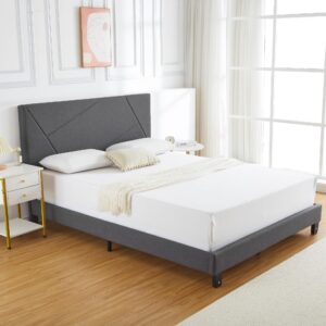 Lumiparty Upholstered Platform Bed Frame - Fabric Adjustable Headboard - Strong Wooden Slats - Mattress Foundation - No Box Spring Needed