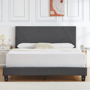 Lumiparty Upholstered Platform Bed Frame - Fabric Adjustable Headboard - Strong Wooden Slats - Mattress Foundation - No Box Spring Needed