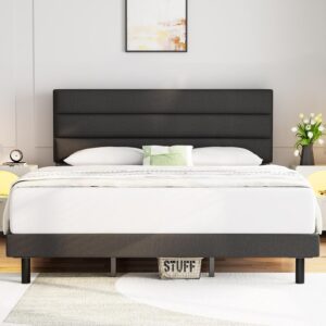 Queen Size Bed Frame with Headboard, Sturdy Platform Bed with Wooden Slats Support, No Box Spring, Mattress Foundation, Dark Grey