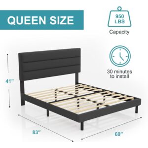 Queen Size Bed Frame with Headboard, Sturdy Platform Bed with Wooden Slats Support, No Box Spring, Mattress Foundation, Dark Grey