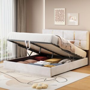 anwickhomk lift up storage bed queen size modern upholstered platform bed with headboard wood bed frame with hydraulic storage system,noiseless no box spring needed, easy assembly (white)