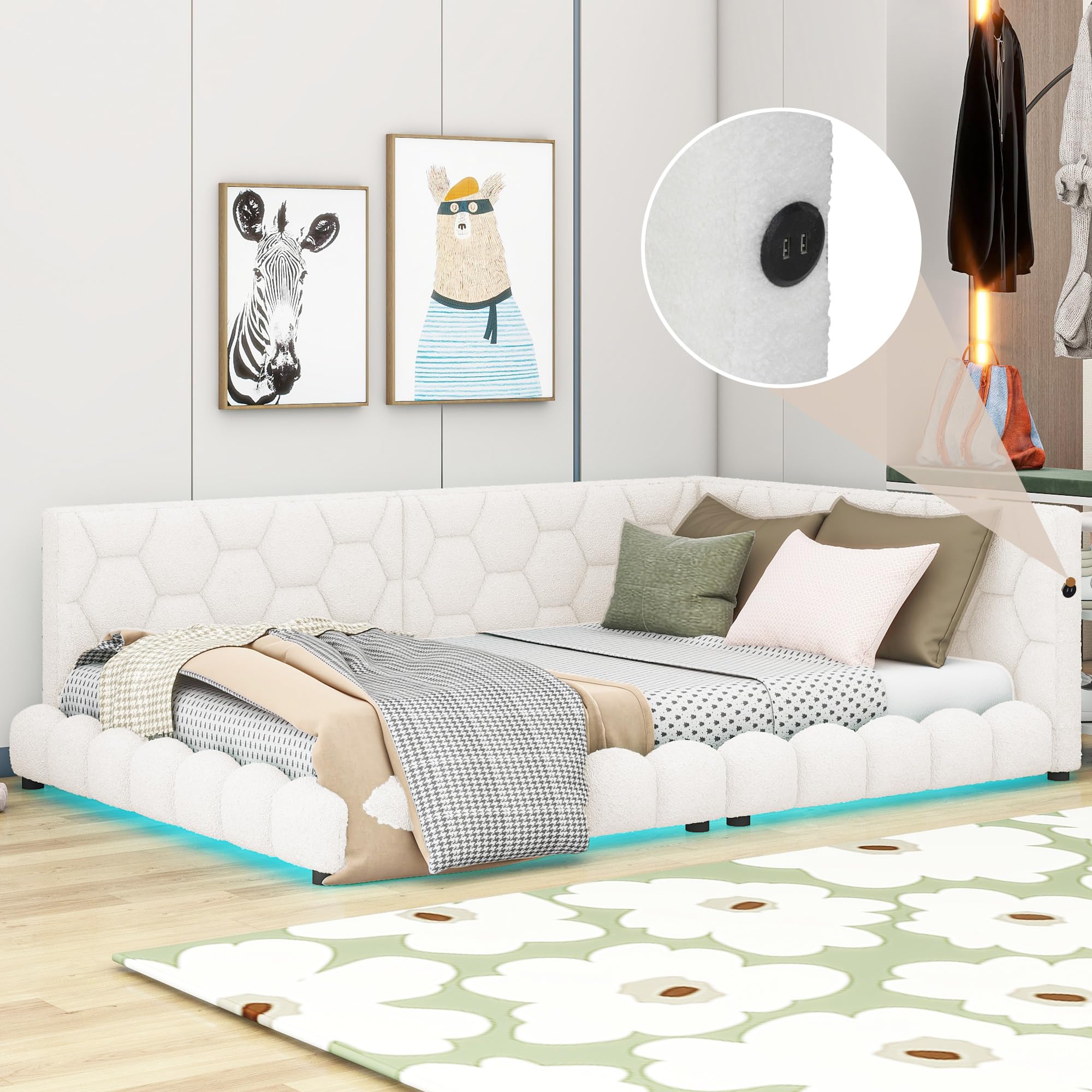 KLMM Stylish Full Size Upholstered Platform Bed Daybed with USB Ports and LED Belt,for Small Spaces Bedroom Living Room Use (White@LED, Full)