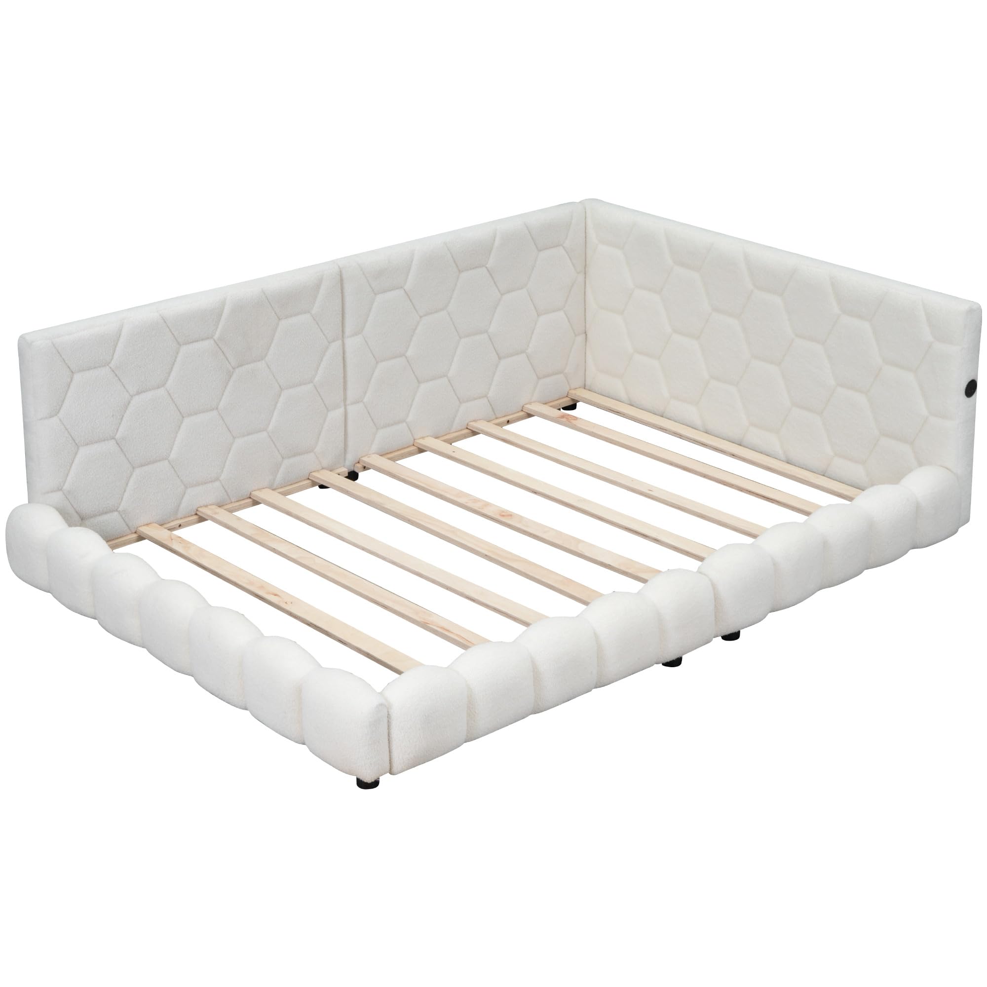 KLMM Stylish Full Size Upholstered Platform Bed Daybed with USB Ports and LED Belt,for Small Spaces Bedroom Living Room Use (White@LED, Full)