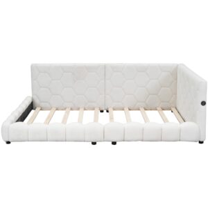 KLMM Stylish Full Size Upholstered Platform Bed Daybed with USB Ports and LED Belt,for Small Spaces Bedroom Living Room Use (White@LED, Full)