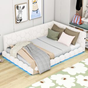 KLMM Stylish Full Size Upholstered Platform Bed Daybed with USB Ports and LED Belt,for Small Spaces Bedroom Living Room Use (White@LED, Full)