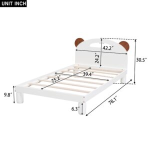 Rhomtree Twin Bed Frame with Bear Ears Shaped Headboard and LED,Wood Twin Size Platform Bed Frames with Headboard for Boy Girl Kids,No Box Spring Needed(White, Twin)