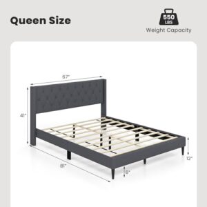 GORELAX Upholstered Queen Bed Frame, Mattress Foundation w/Button Tufted Headboard, Wood Slat Support No Box Spring Needed, Easy Assembly, Low Platform Bed Frame (Grey, Queen)