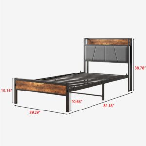 Bed Frame with Charging Station, Heavy-Duty Platform Bed with Storage Shelf Headboard, Metal Slats Support, No Box Spring Needed, Solid and Stable,Noise-Free,Easy Assembly (Twin)