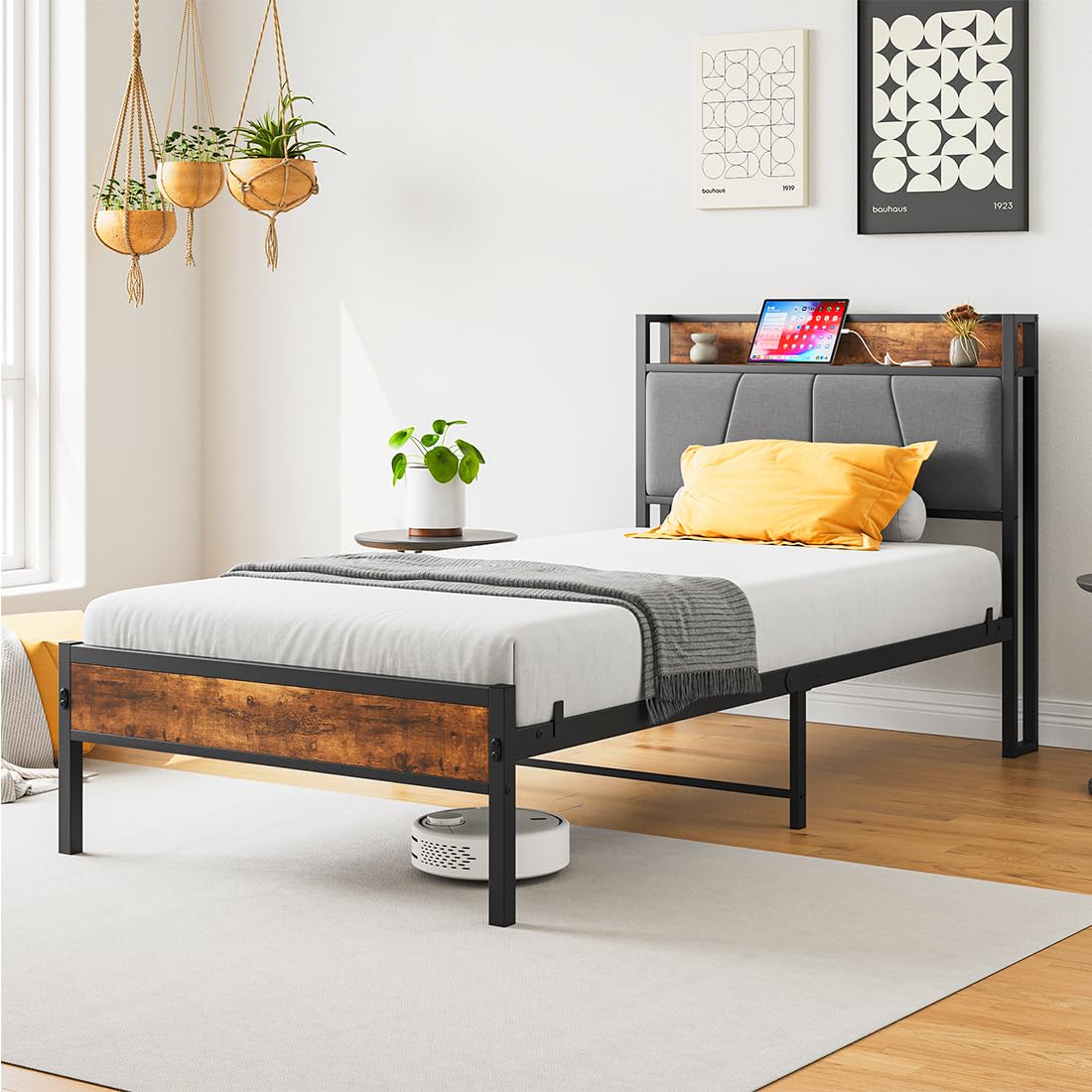 Bed Frame with Charging Station, Heavy-Duty Platform Bed with Storage Shelf Headboard, Metal Slats Support, No Box Spring Needed, Solid and Stable,Noise-Free,Easy Assembly (Twin)