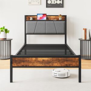 Bed Frame with Charging Station, Heavy-Duty Platform Bed with Storage Shelf Headboard, Metal Slats Support, No Box Spring Needed, Solid and Stable,Noise-Free,Easy Assembly (Twin)