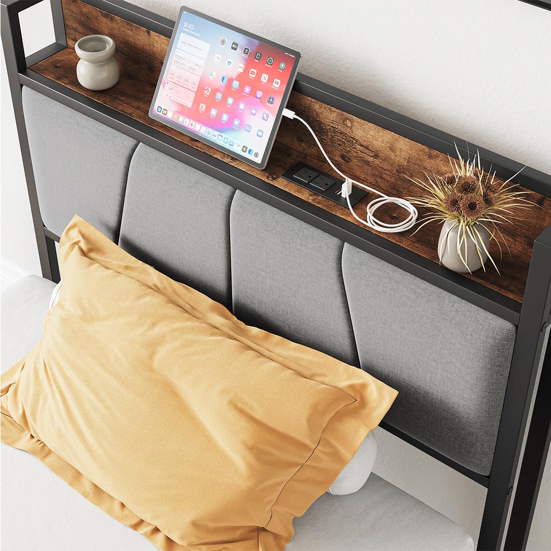 Bed Frame with Charging Station, Heavy-Duty Platform Bed with Storage Shelf Headboard, Metal Slats Support, No Box Spring Needed, Solid and Stable,Noise-Free,Easy Assembly (Twin)