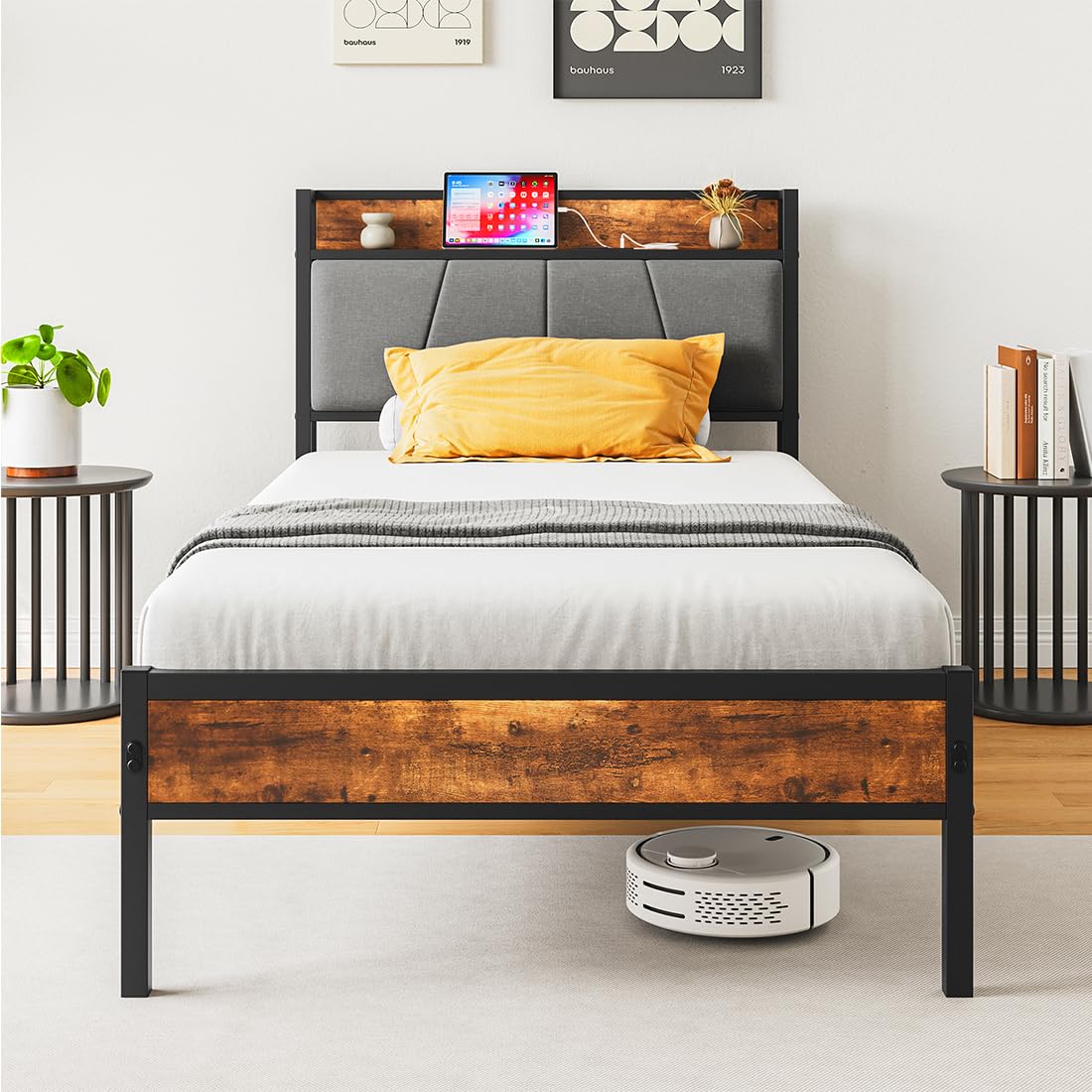 Bed Frame with Charging Station, Heavy-Duty Platform Bed with Storage Shelf Headboard, Metal Slats Support, No Box Spring Needed, Solid and Stable,Noise-Free,Easy Assembly (Twin)