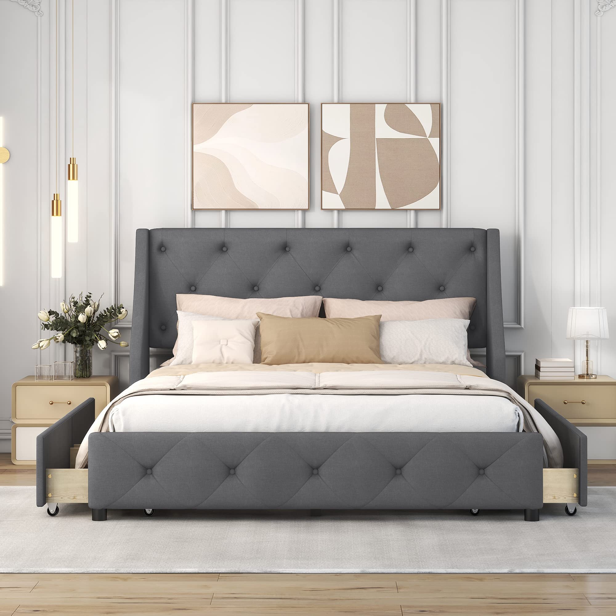 BIADNBZ Queen Size Upholstered Platform Bed with Linen Fabric, 4 Storage Drawers and Wingback Tufted Headboard, No Box Spring Need, Gray