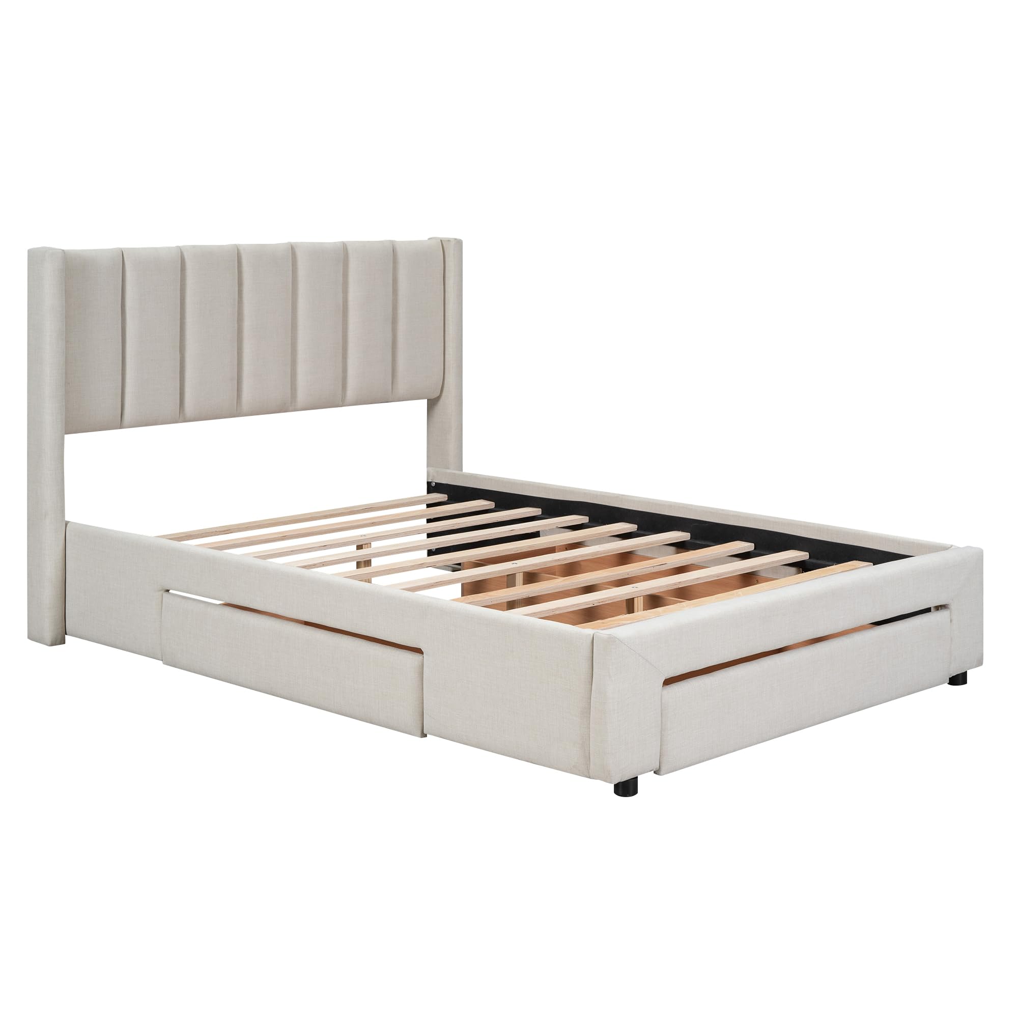 Morhome Upholstered Queen Size Platform Bed Frame with 3 Storage Drawers and Headboard, Button Tufted Mattress Foundation Wooden Slats Support, No Box Spring Needed