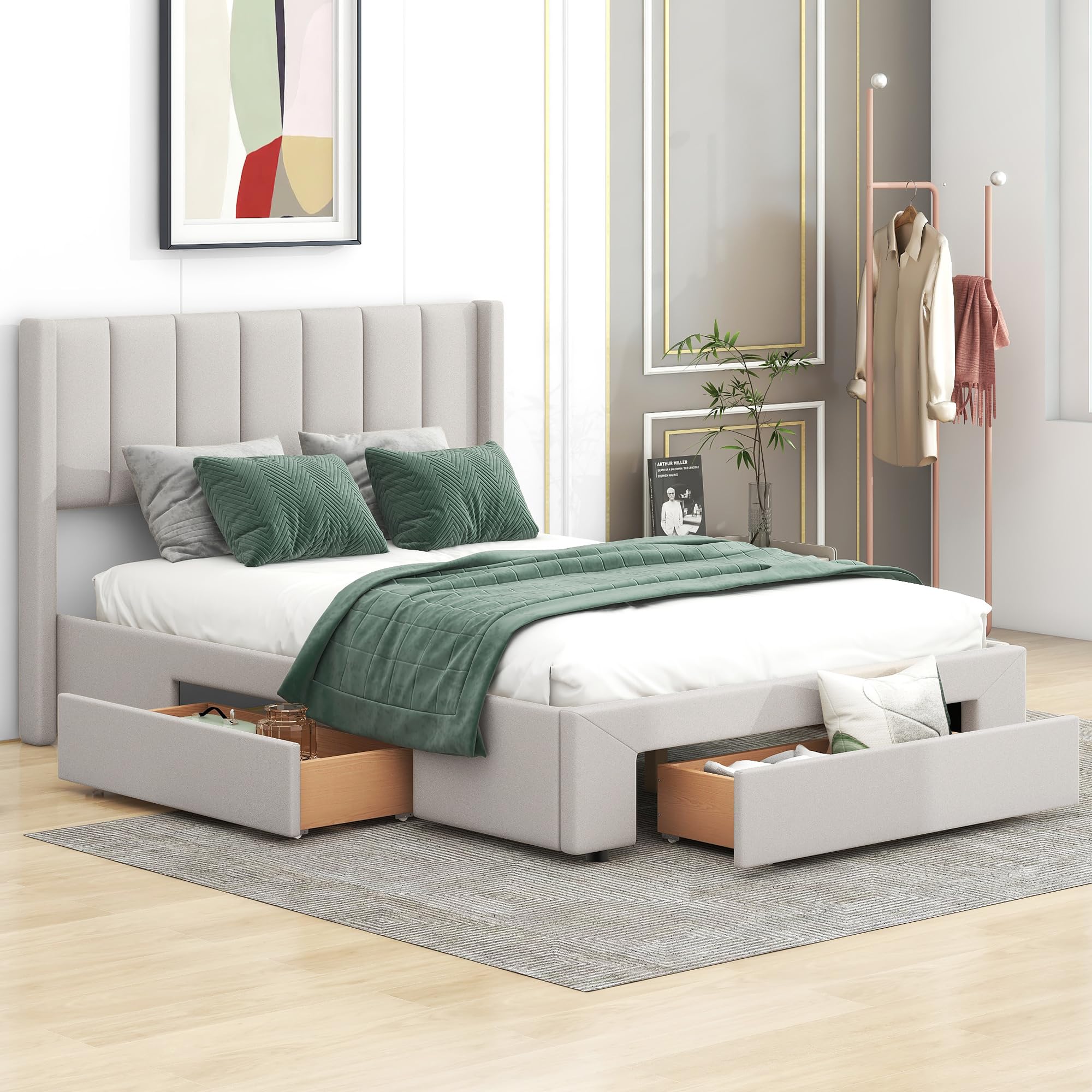 Morhome Upholstered Queen Size Platform Bed Frame with 3 Storage Drawers and Headboard, Button Tufted Mattress Foundation Wooden Slats Support, No Box Spring Needed