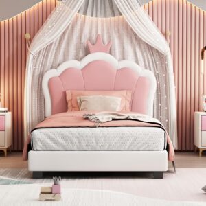 Upholstered Platform Bed, Pink Cute Cartoon Elements Princess Bed Fun Bed, Wood Twin Size Bed Frame with Crown Shaped Headboard, Kids Bedroom Furniture Cute Bed Upholstered Bed