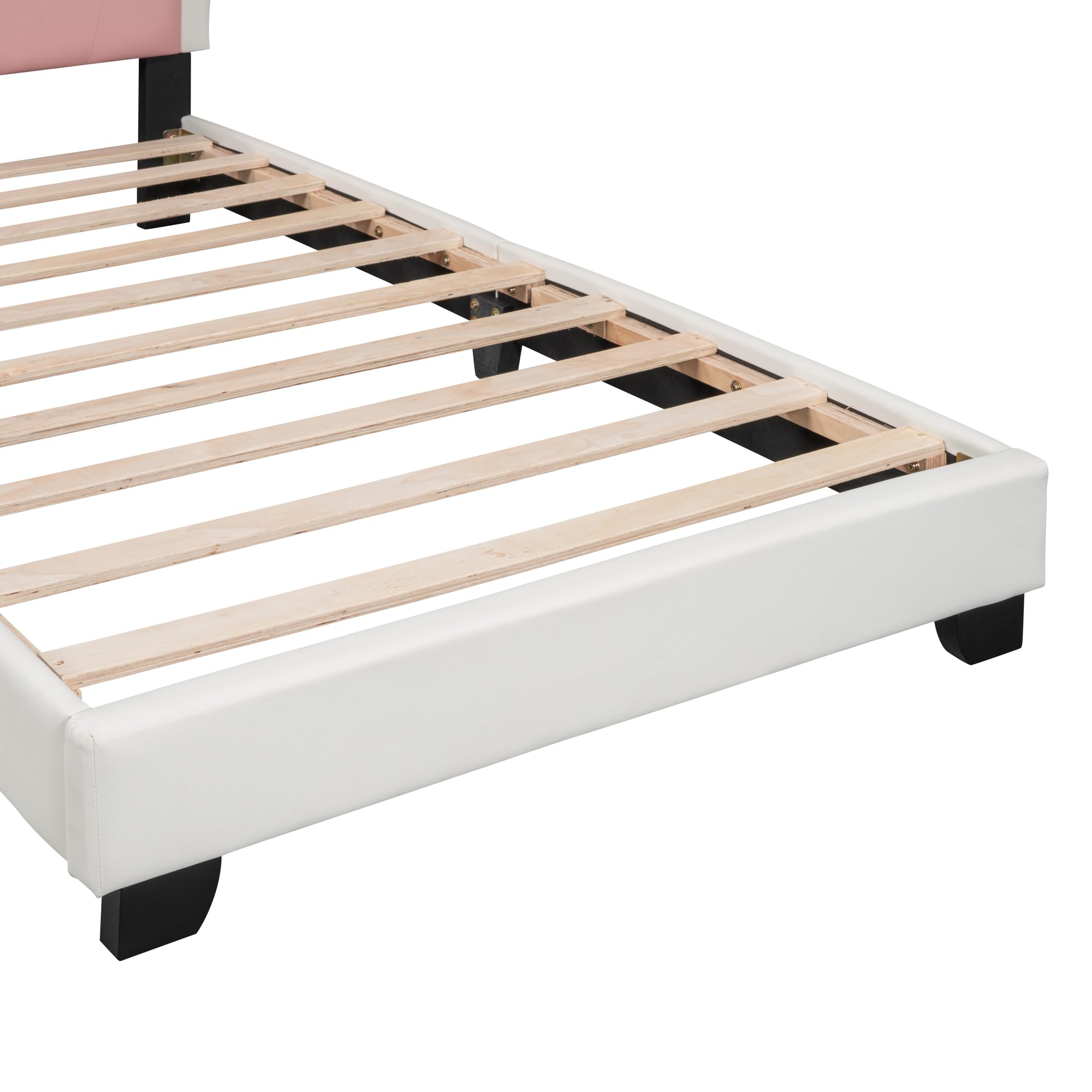 Upholstered Platform Bed, Pink Cute Cartoon Elements Princess Bed Fun Bed, Wood Twin Size Bed Frame with Crown Shaped Headboard, Kids Bedroom Furniture Cute Bed Upholstered Bed