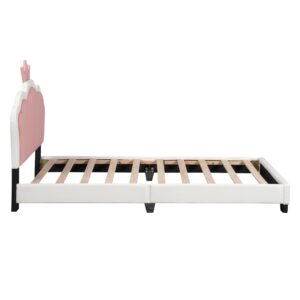 Upholstered Platform Bed, Pink Cute Cartoon Elements Princess Bed Fun Bed, Wood Twin Size Bed Frame with Crown Shaped Headboard, Kids Bedroom Furniture Cute Bed Upholstered Bed