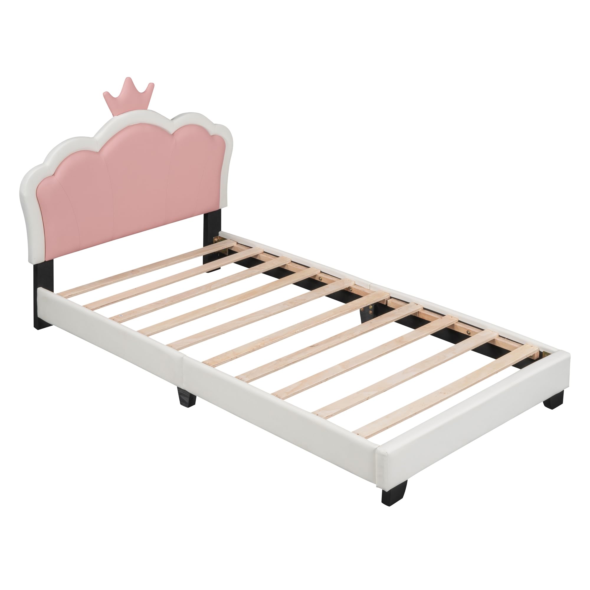 Upholstered Platform Bed, Pink Cute Cartoon Elements Princess Bed Fun Bed, Wood Twin Size Bed Frame with Crown Shaped Headboard, Kids Bedroom Furniture Cute Bed Upholstered Bed