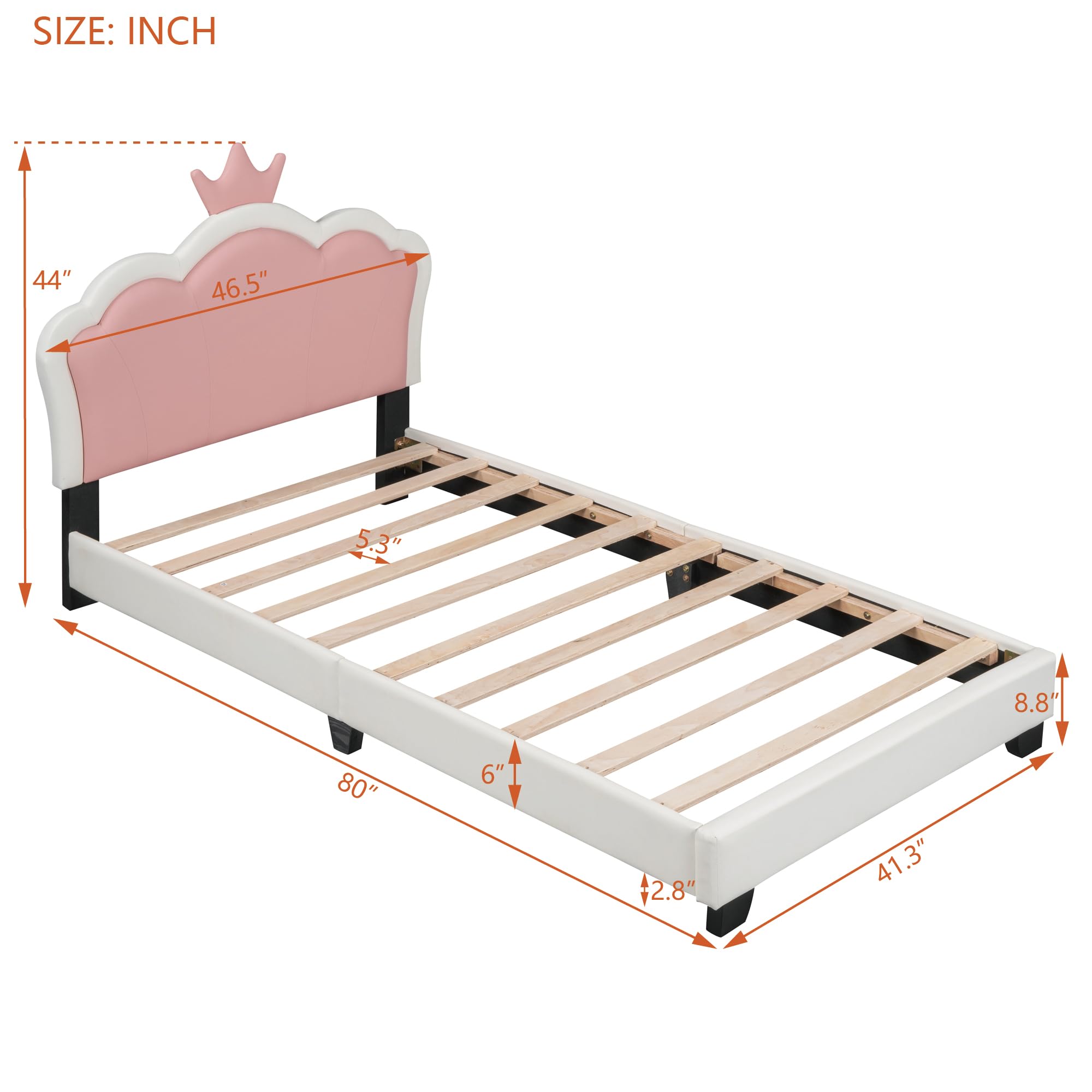 Upholstered Platform Bed, Pink Cute Cartoon Elements Princess Bed Fun Bed, Wood Twin Size Bed Frame with Crown Shaped Headboard, Kids Bedroom Furniture Cute Bed Upholstered Bed