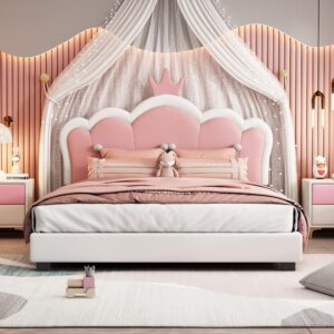 Upholstered Platform Bed, Pink Cute Cartoon Elements Princess Bed Fun Bed, Wood Full Size Bed Frame with Crown Shaped Headboard, Kids Bedroom Furniture Cute Bed Upholstered Bed