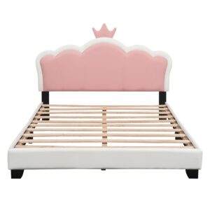 Upholstered Platform Bed, Pink Cute Cartoon Elements Princess Bed Fun Bed, Wood Full Size Bed Frame with Crown Shaped Headboard, Kids Bedroom Furniture Cute Bed Upholstered Bed