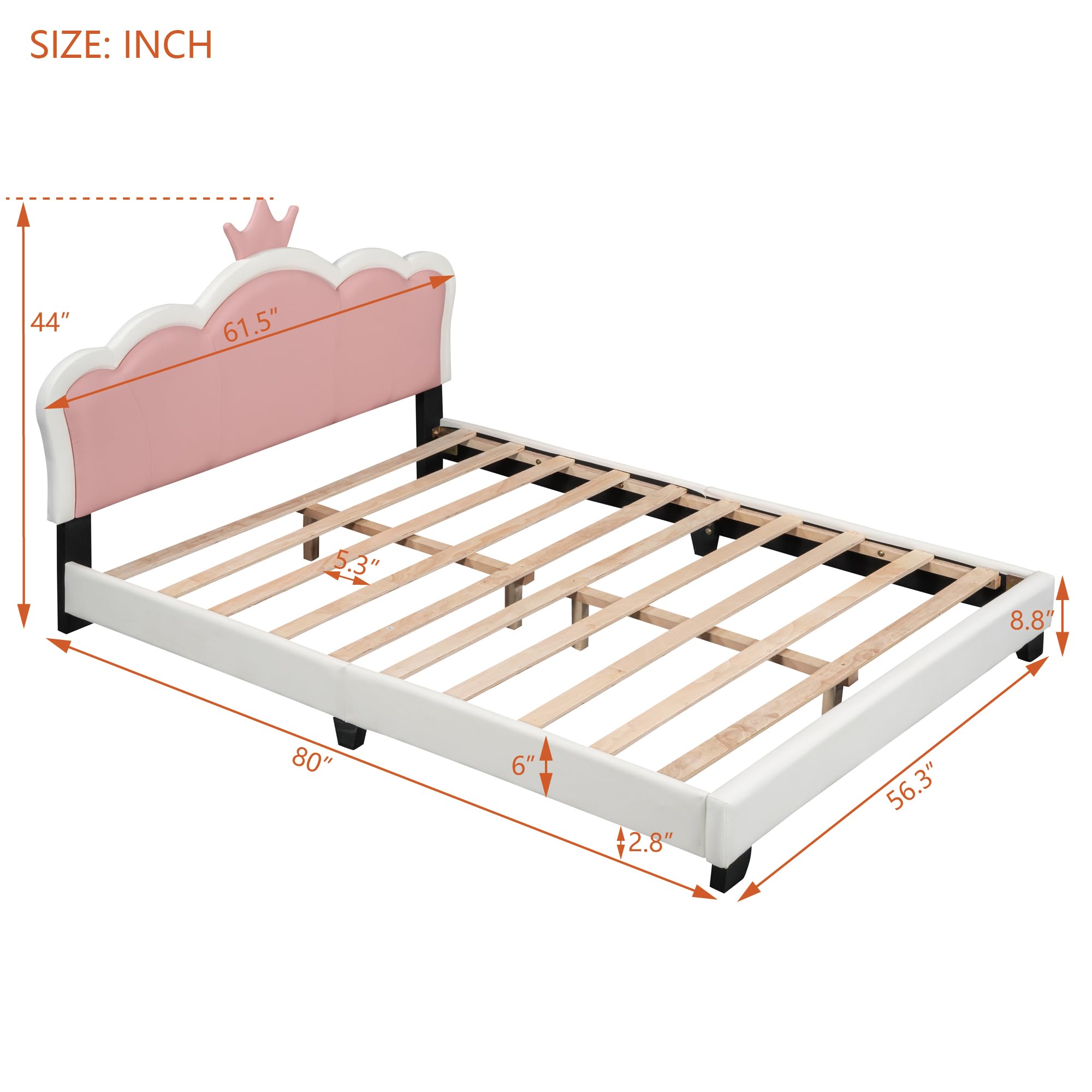 Upholstered Platform Bed, Pink Cute Cartoon Elements Princess Bed Fun Bed, Wood Full Size Bed Frame with Crown Shaped Headboard, Kids Bedroom Furniture Cute Bed Upholstered Bed