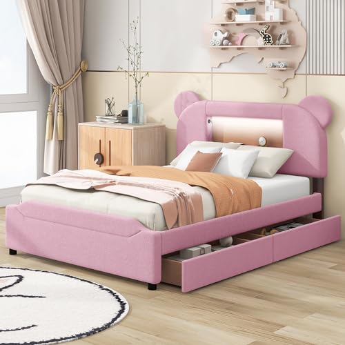 BOVZA Full Size Upholstered Storage Platform Bed Frame with Cartoon Ears Shaped Headboard, 2 Drawers, LED and USB, Pink