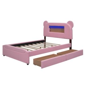 BOVZA Full Size Upholstered Storage Platform Bed Frame with Cartoon Ears Shaped Headboard, 2 Drawers, LED and USB, Pink