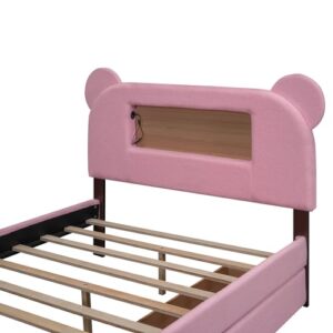 BOVZA Full Size Upholstered Storage Platform Bed Frame with Cartoon Ears Shaped Headboard, 2 Drawers, LED and USB, Pink