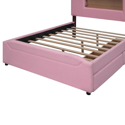 BOVZA Full Size Upholstered Storage Platform Bed Frame with Cartoon Ears Shaped Headboard, 2 Drawers, LED and USB, Pink