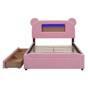 BOVZA Full Size Upholstered Storage Platform Bed Frame with Cartoon Ears Shaped Headboard, 2 Drawers, LED and USB, Pink