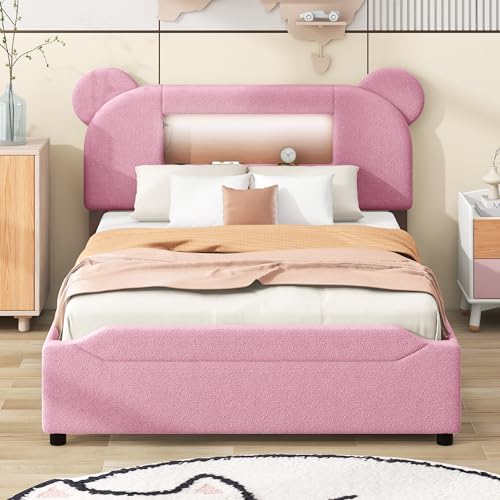 BOVZA Full Size Upholstered Storage Platform Bed Frame with Cartoon Ears Shaped Headboard, 2 Drawers, LED and USB, Pink