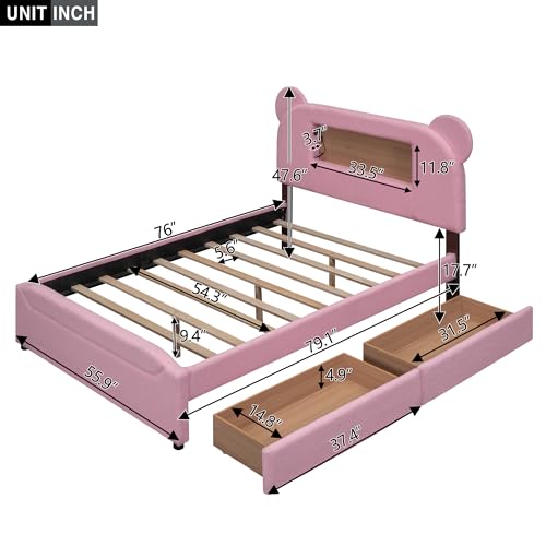 BOVZA Full Size Upholstered Storage Platform Bed Frame with Cartoon Ears Shaped Headboard, 2 Drawers, LED and USB, Pink