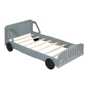 Designs Twin Size Car-Shaped Platform Bed with Wheels Wooden Platform Bed Frame with Support Slats for Kids Boys Girls Teens (Gray-@2)