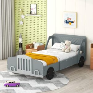 Designs Twin Size Car-Shaped Platform Bed with Wheels Wooden Platform Bed Frame with Support Slats for Kids Boys Girls Teens (Gray-@2)