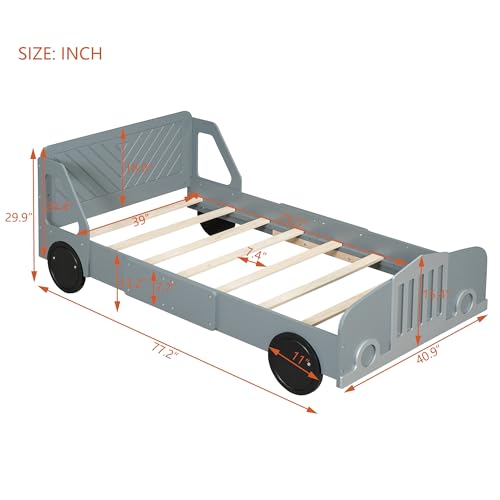 Designs Twin Size Car-Shaped Platform Bed with Wheels Wooden Platform Bed Frame with Support Slats for Kids Boys Girls Teens (Gray-@2)