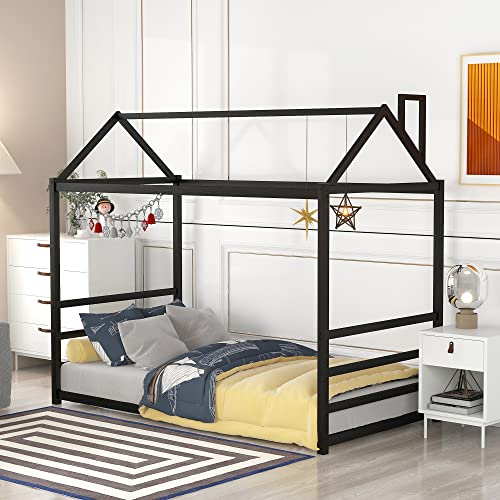 Tidyard House Platform Bed with Roof and Chimney Design,Black Platform Bed Frame, Mattress Foundation Easy Assembly, No Box Spring Needed for Dorm, Bedroom, Guest Room