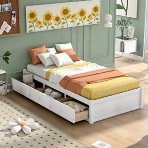 bovza twin size platform storage bed with 3 drawers, wood daybed frames for kids teens adult, for living room bedroom guest room, no box spring needed, white