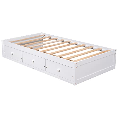 BOVZA Twin Size Platform Storage Bed with 3 Drawers, Wood Daybed Frames for Kids Teens Adult, for Living Room Bedroom Guest Room, No Box Spring Needed, White