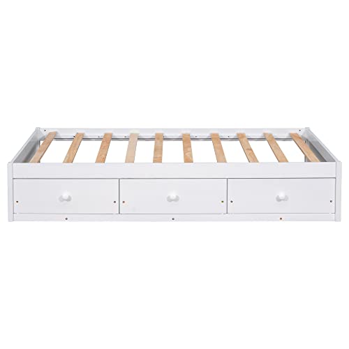 BOVZA Twin Size Platform Storage Bed with 3 Drawers, Wood Daybed Frames for Kids Teens Adult, for Living Room Bedroom Guest Room, No Box Spring Needed, White