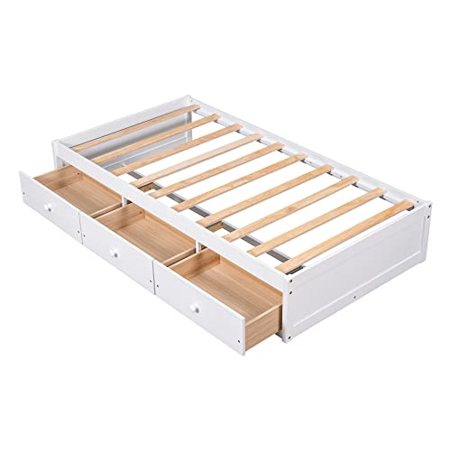 BOVZA Twin Size Platform Storage Bed with 3 Drawers, Wood Daybed Frames for Kids Teens Adult, for Living Room Bedroom Guest Room, No Box Spring Needed, White